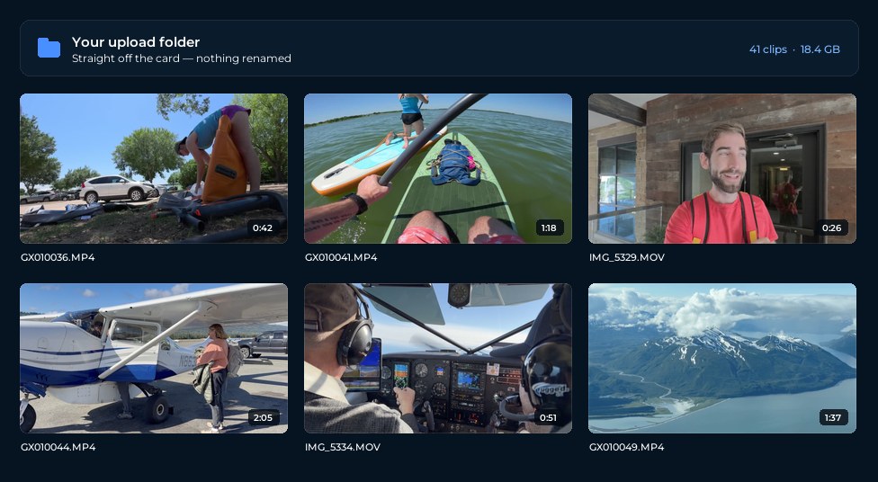 A private upload folder holding a day of raw clips straight off the camera, still under their original filenames