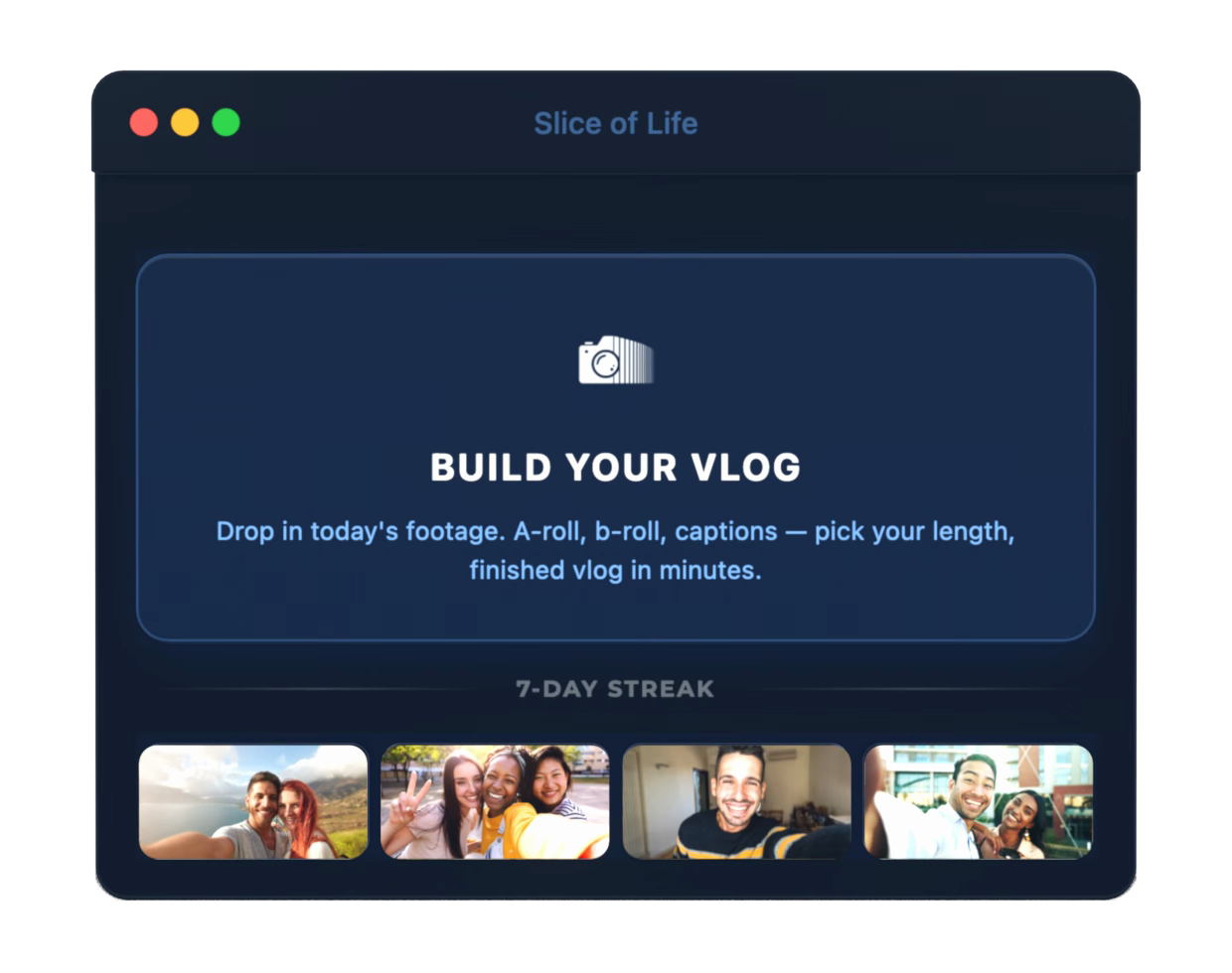 Slice of Life app demo — drop in footage, customize, export your vlog
